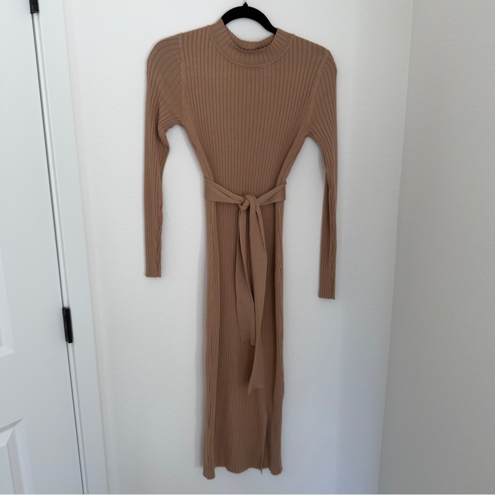 ASOS New Look Tan Brown Long Sleeve Ribbed Knit Dress Belted Size 6 Women’s